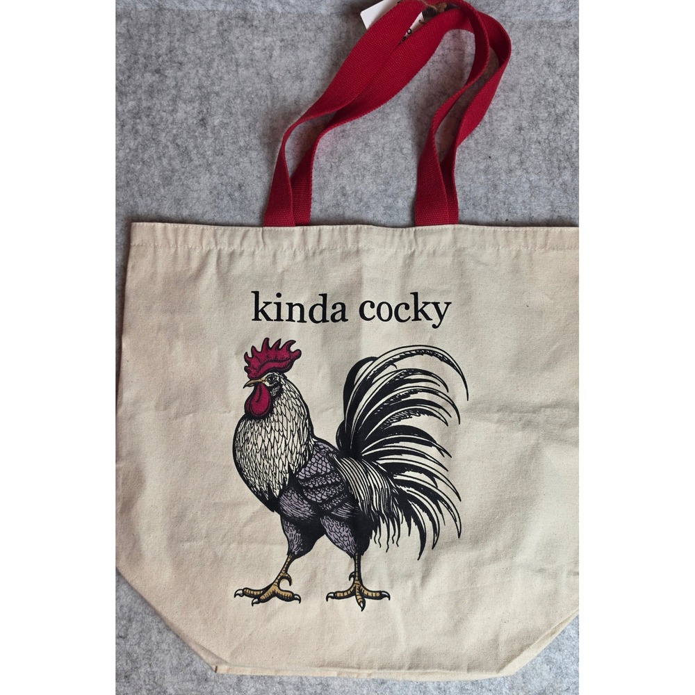 Trader Joe's Kinda Cocky Rooster Canvas Tote Bag Red Straps Reusable Market Bag